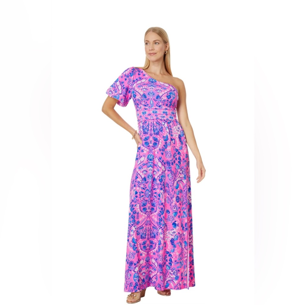 NWT Lilly Pulitzer Solana One-Shoulder Maxi Dress Havana Pink Turtle Tidepool